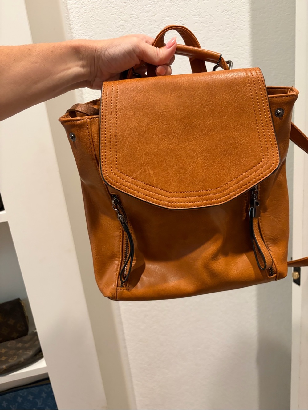Cognac Brown Convertible Backpack Purse Vegan Leather Shoulder Bag